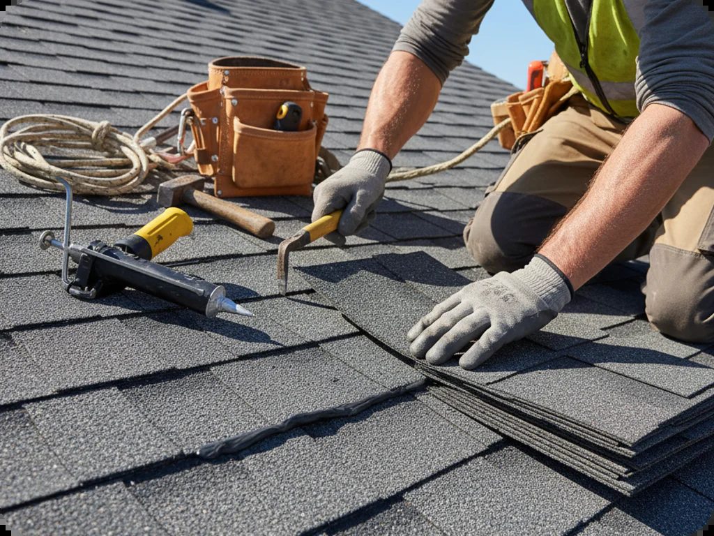 Roofer nailing shingles during a roof installation
